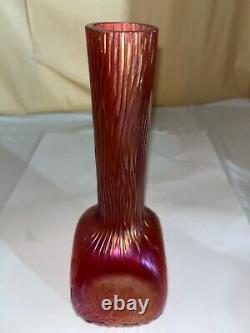 Kralik Cranberry Iridescent Bud Vase-Victorian-Czechoslovakia Swirl Ridges Loetz