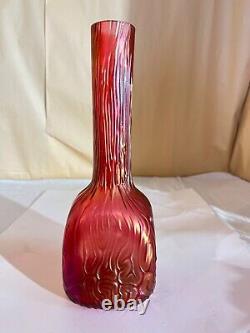 Kralik Cranberry Iridescent Bud Vase-Victorian-Czechoslovakia Swirl Ridges Loetz