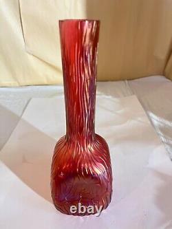 Kralik Cranberry Iridescent Bud Vase-Victorian-Czechoslovakia Swirl Ridges Loetz