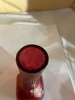 Kralik Cranberry Iridescent Bud Vase-Victorian-Czechoslovakia Swirl Ridges Loetz