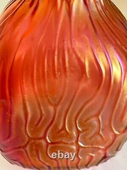 Kralik Cranberry Iridescent Bud Vase-Victorian-Czechoslovakia Swirl Ridges Loetz