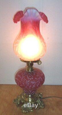 L. G. Wright/Fenton Satin Cranberry Fern & Daisy 20 Lamp