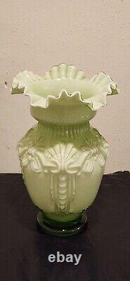 LARGE 12VICTORIAN HAND BLOWN LT GREEN DECORATIVE VASE WithORNATE RUFFLE CRIMP TOP