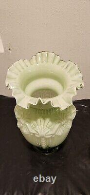 LARGE 12VICTORIAN HAND BLOWN LT GREEN DECORATIVE VASE WithORNATE RUFFLE CRIMP TOP