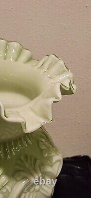 LARGE 12VICTORIAN HAND BLOWN LT GREEN DECORATIVE VASE WithORNATE RUFFLE CRIMP TOP