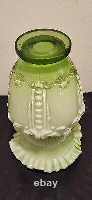 LARGE 12VICTORIAN HAND BLOWN LT GREEN DECORATIVE VASE WithORNATE RUFFLE CRIMP TOP