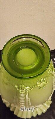 LARGE 12VICTORIAN HAND BLOWN LT GREEN DECORATIVE VASE WithORNATE RUFFLE CRIMP TOP