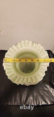 LARGE 12VICTORIAN HAND BLOWN LT GREEN DECORATIVE VASE WithORNATE RUFFLE CRIMP TOP