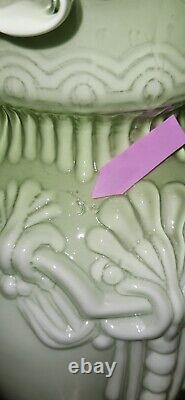 LARGE 12VICTORIAN HAND BLOWN LT GREEN DECORATIVE VASE WithORNATE RUFFLE CRIMP TOP