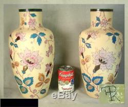 LARGE 13 Tall Antique Victorian Hand Enameled Fire Glow Mantle Vases SIGNED EX