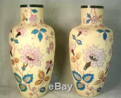 LARGE 13 Tall Antique Victorian Hand Enameled Fire Glow Mantle Vases SIGNED EX
