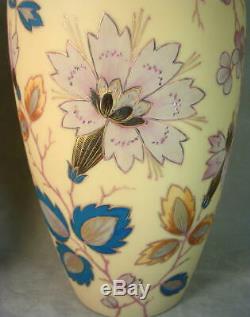 LARGE 13 Tall Antique Victorian Hand Enameled Fire Glow Mantle Vases SIGNED EX