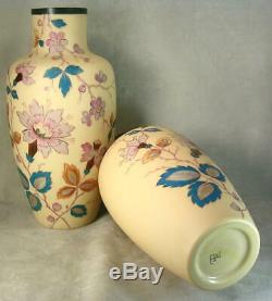 LARGE 13 Tall Antique Victorian Hand Enameled Fire Glow Mantle Vases SIGNED EX