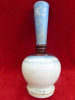 LARGE HAND PAINTED FRENCH OPALESCENT ART GLASS SWALLOW BIRD VASE c1890