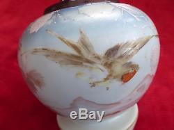 LARGE HAND PAINTED FRENCH OPALESCENT ART GLASS SWALLOW BIRD VASE c1890
