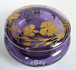 LARGE MOSER PURPLE Bohemian GILT GOLD ENAMEL ART GLASS VANITY BOX DRESSER JAR
