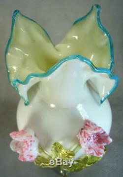 LARGE Victorian Art Glass Hand Blown APPLIED FLOWERS LEAVES Ruffled Pulled Top