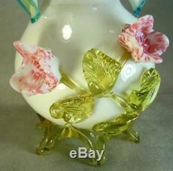 LARGE Victorian Art Glass Hand Blown APPLIED FLOWERS LEAVES Ruffled Pulled Top