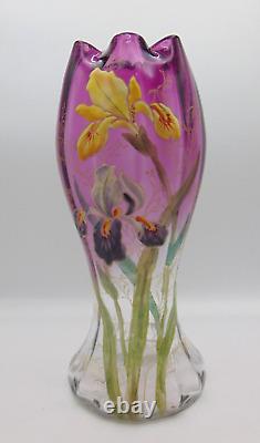 LEGRAS Antique Amethyst to Clear Hand Painted Enamel IRIS Art Nouveau Glass Vase