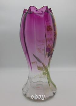 LEGRAS Antique Amethyst to Clear Hand Painted Enamel IRIS Art Nouveau Glass Vase