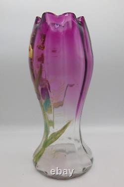 LEGRAS Antique Amethyst to Clear Hand Painted Enamel IRIS Art Nouveau Glass Vase