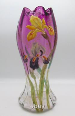 LEGRAS Antique Amethyst to Clear Hand Painted Enamel IRIS Art Nouveau Glass Vase