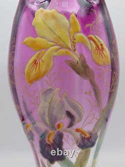 LEGRAS Antique Amethyst to Clear Hand Painted Enamel IRIS Art Nouveau Glass Vase