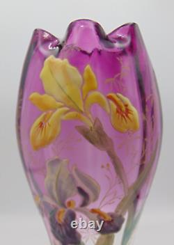 LEGRAS Antique Amethyst to Clear Hand Painted Enamel IRIS Art Nouveau Glass Vase