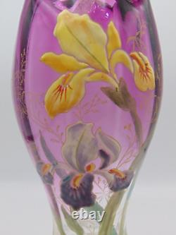 LEGRAS Antique Amethyst to Clear Hand Painted Enamel IRIS Art Nouveau Glass Vase