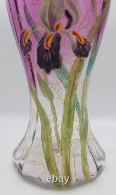 LEGRAS Antique Amethyst to Clear Hand Painted Enamel IRIS Art Nouveau Glass Vase