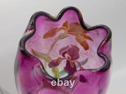 LEGRAS Antique Amethyst to Clear Hand Painted Enamel IRIS Art Nouveau Glass Vase