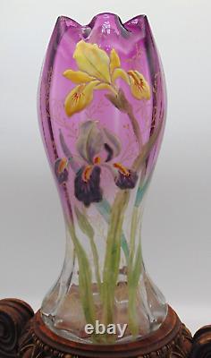 LEGRAS Antique Amethyst to Clear Hand Painted Enamel IRIS Art Nouveau Glass Vase