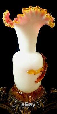 LG Antique Victorian Bohemian Harrach Cased Applied Floriform Art Glass Vase UV+