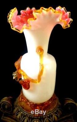 LG Antique Victorian Bohemian Harrach Cased Applied Floriform Art Glass Vase UV+