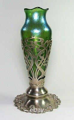 LOETZ Papillon Glass Vase with Sterling Silver Meriden Britannia Co Stand c. 1900's