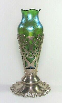 LOETZ Papillon Glass Vase with Sterling Silver Meriden Britannia Co Stand c. 1900's