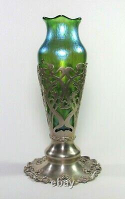 LOETZ Papillon Glass Vase with Sterling Silver Meriden Britannia Co Stand c. 1900's