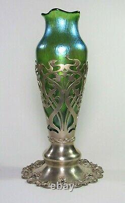 LOETZ Papillon Glass Vase with Sterling Silver Meriden Britannia Co Stand c. 1900's