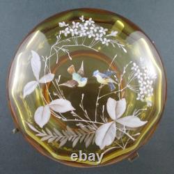 LOVE BIRDS Antique JEWELRY BOX trinkets Powder JAR AMBER art glass BOHEMIAN