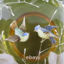LOVE BIRDS Antique JEWELRY BOX trinkets Powder JAR AMBER art glass BOHEMIAN