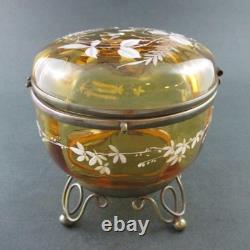 LOVE BIRDS Antique JEWELRY BOX trinkets Powder JAR AMBER art glass BOHEMIAN