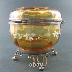 LOVE BIRDS Antique JEWELRY BOX trinkets Powder JAR AMBER art glass BOHEMIAN