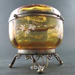 LOVE BIRDS Antique JEWELRY BOX trinkets Powder JAR AMBER art glass BOHEMIAN