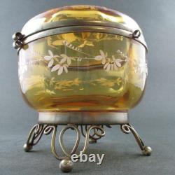 LOVE BIRDS Antique JEWELRY BOX trinkets Powder JAR AMBER art glass BOHEMIAN