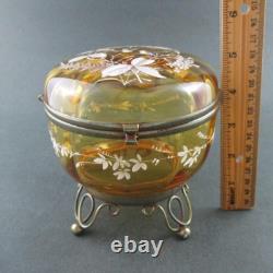 LOVE BIRDS Antique JEWELRY BOX trinkets Powder JAR AMBER art glass BOHEMIAN