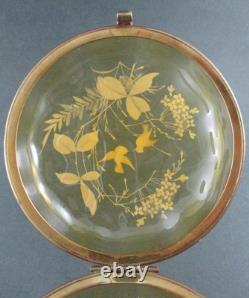 LOVE BIRDS Antique JEWELRY BOX trinkets Powder JAR AMBER art glass BOHEMIAN