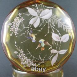 LOVE BIRDS Antique JEWELRY BOX trinkets Powder JAR AMBER art glass BOHEMIAN