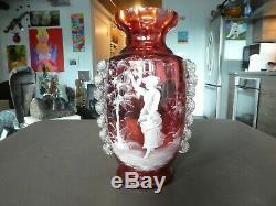 Large 19th C 13 Inch Tall Mary Gregory Cranberry Art Glass Vase