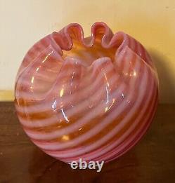 Large Antique 19th c. Fenton Art Glass Rose Bowl Vase Pink & Clambroth Swirl