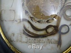 Large Antique French Mourning Hair Art Memento Convex Glass Framed Reliquary